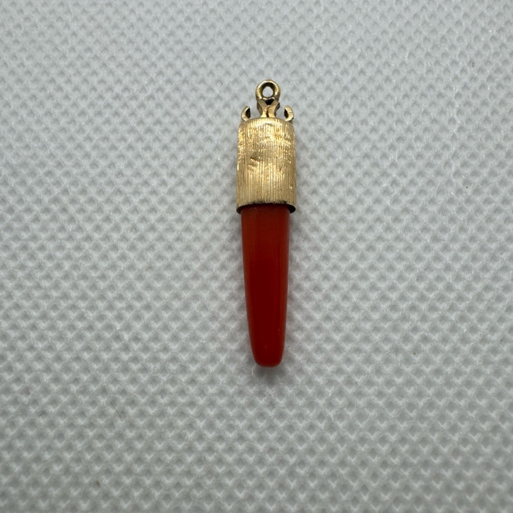 Victorian 14k Yellow Gold Red Coral Horn Charm Pendant 2g Vintage, Antique, Rare